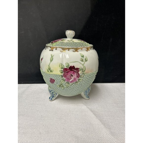 Antique Nippon Cabbage Rose Floral Lidded Footed Biscuit Jar Hand Painted - Picture 1 of 7